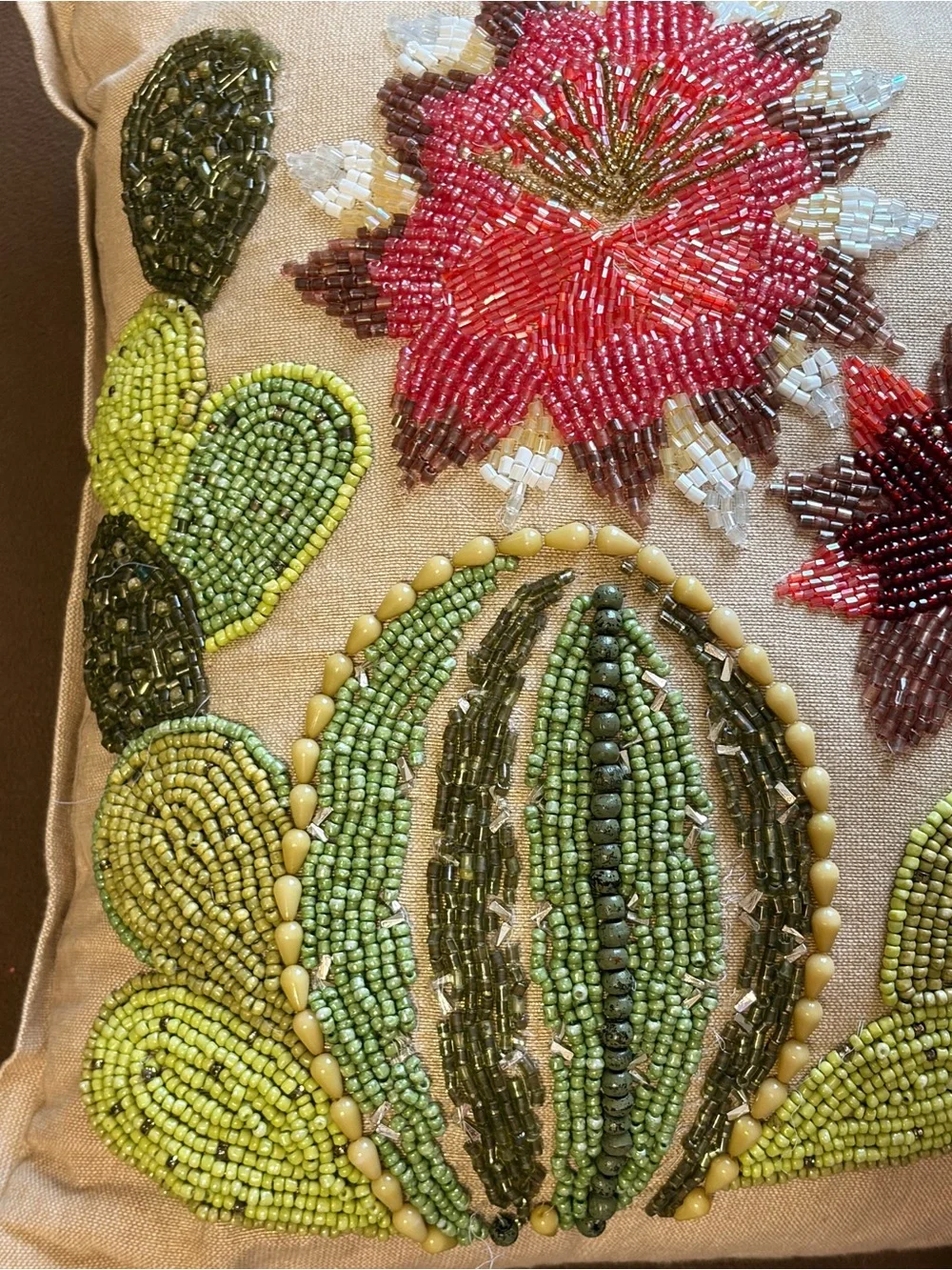 PIER 1 Beaded Cactus Floral Decorative Pillow - Tan Background  12